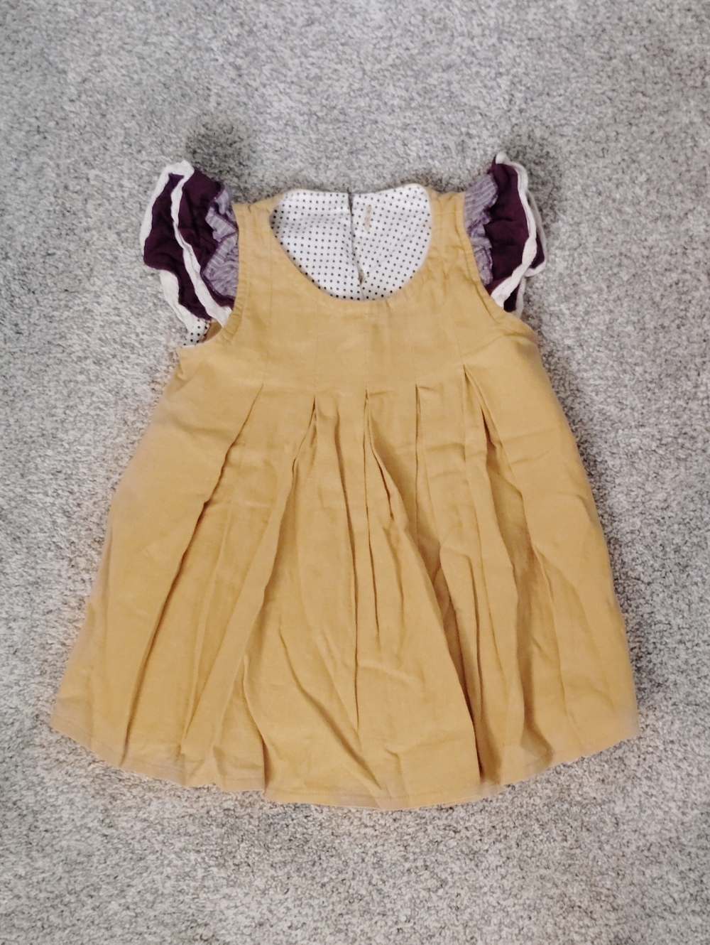 Girls Mustard Yellow Pleated Casual Dress with Purple Ruffle Sleeves